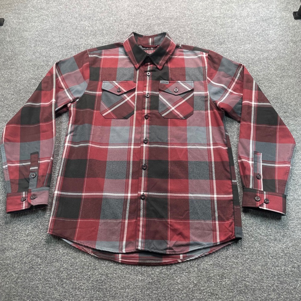 Dixxon Flannel Co Shirt Mens Large Red Grey Black Plaid Button Down Long Sleeve